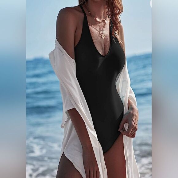 Ekouer Black V-neck Strappy Crossback One-piece Swimsuit - Picture 14 of 16